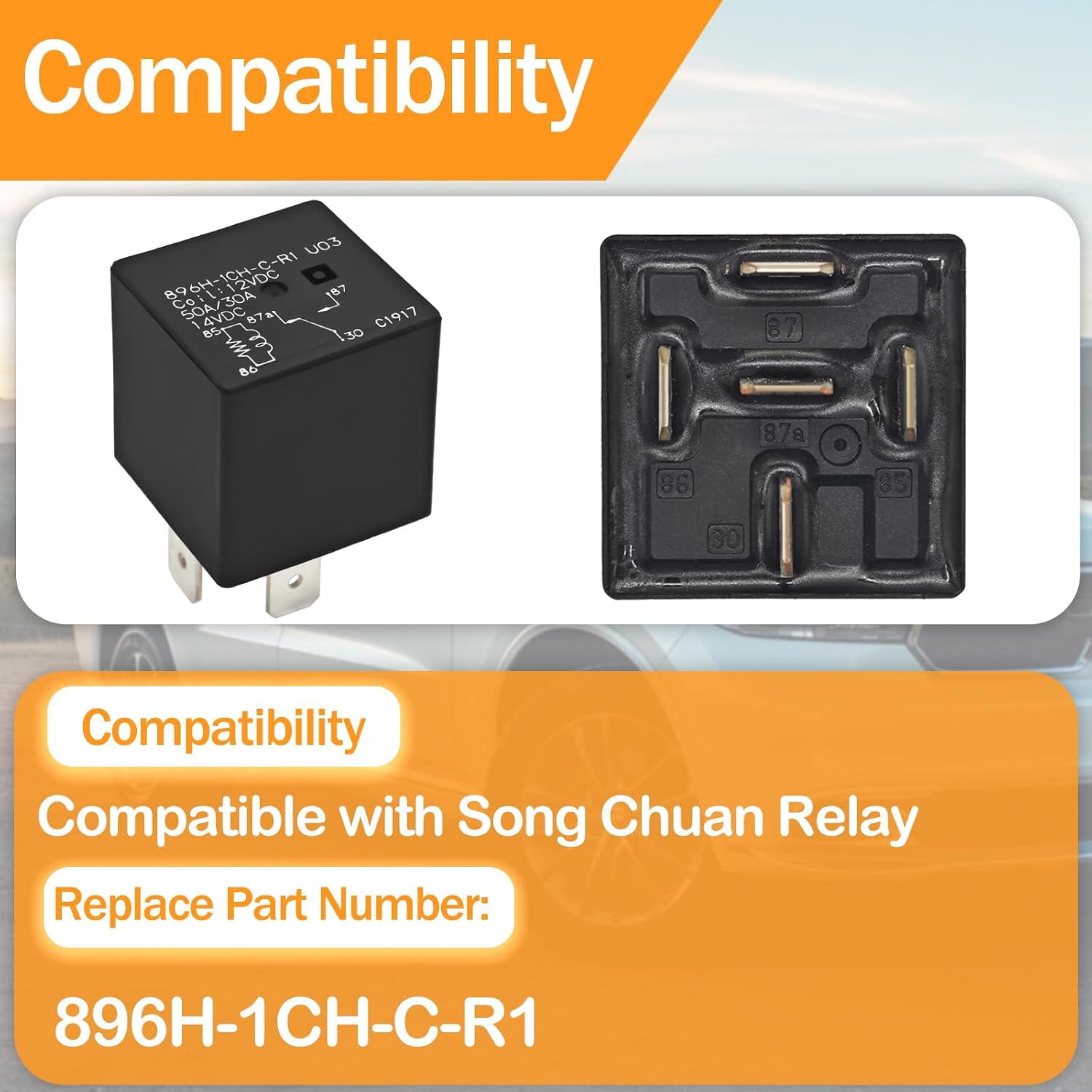 896H-1CH-C-R1-U03 Automotive Relay (Pack of 4) - 12VDC SPDT 5-Pin 50A Plug-in Power Relay