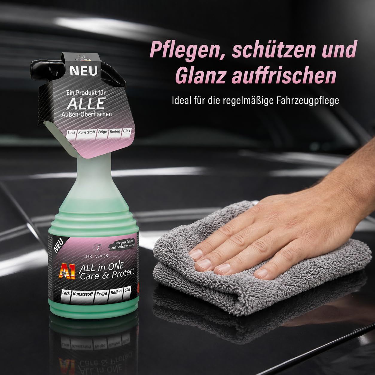 Set: 2x Dr. Wack A1 ALL IN ONE Care & Protect 500 ml + Mikrofaser-Poliertuch 520 GSM – Sprühversiegelung fürs Auto mit Schutzfilm & Abperleffekt für Lack, Glas, Felgen, Kunststoff u. Reifen