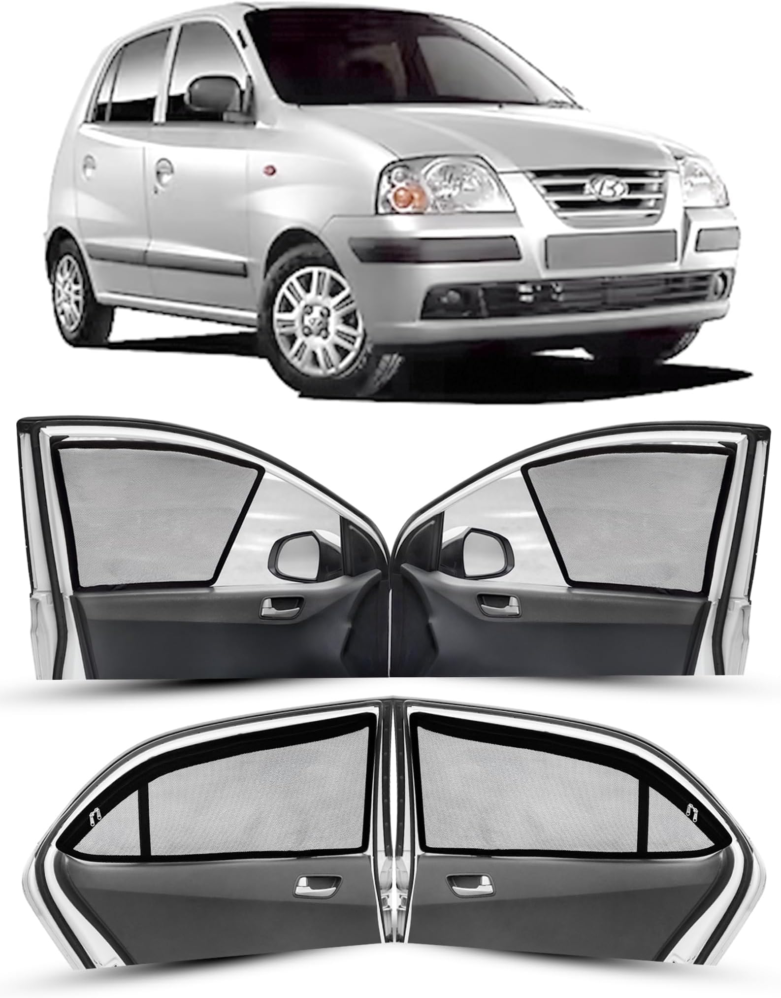 Autofact Magnetic Car Sunshades Compatible with Hyundai Santro Xing (2003 to 2018) (Set of 4) – Easy Installation, UV Protection (Front 2 Half-Cut for Side Mirror Visibility, Rear 2 with Zippers)