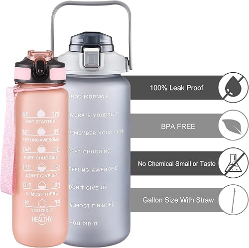 Miniatura 2 de Paquete de 2 botellas de agua de 64 onzas + 27 onzas, botella de agua deportiva con popote y marca de tiempo, botella de bebidas de gimnasio, jarra