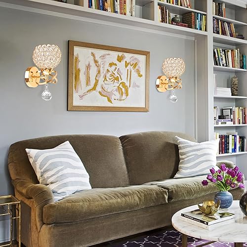 Miniatura 3 de Juego de dos apliques de pared dorados, modernos apliques de pared de cristal con enchufe E26, apliques cableados, lámpara de pared de mesita de