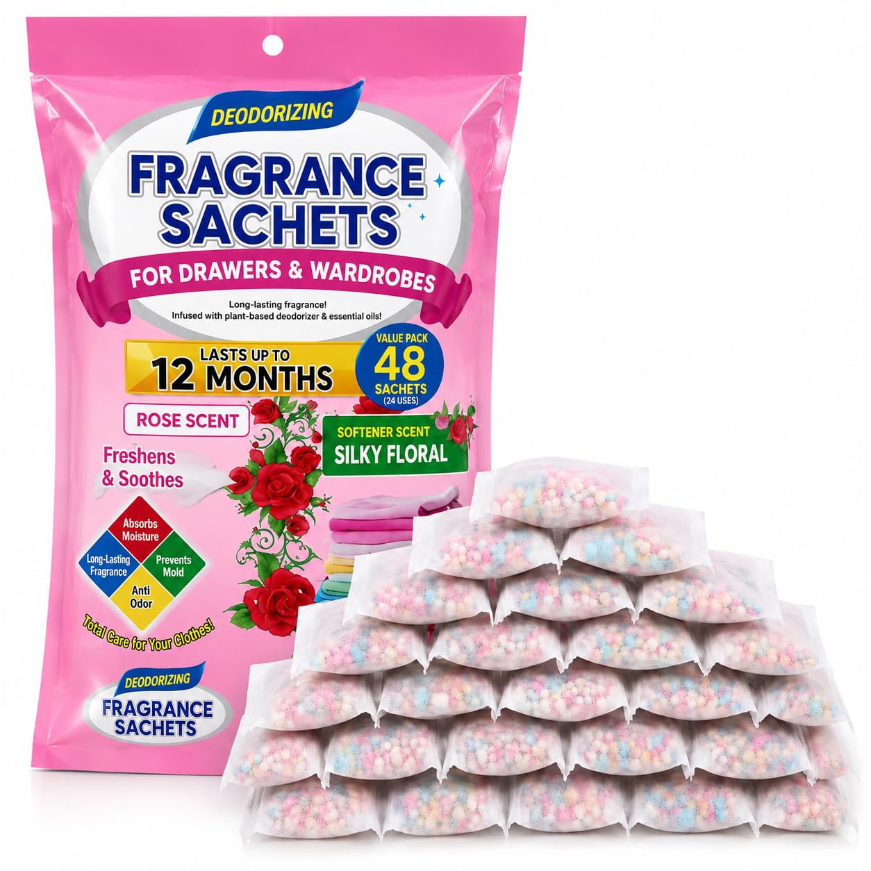 Rose Fragrance Sachets for Wardrobe & Drawers | 48 Sachets Air Freshener | Long Lasting Closet Freshener | Moisture Absorber | Deodorizer for Clothes, Cupboards, Cabinets & Storage-picture-26