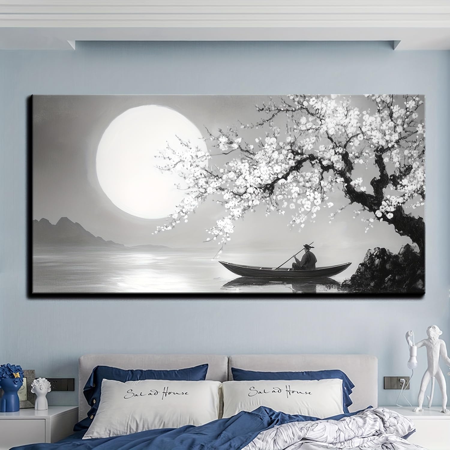AEFOUU Canvas Wall Art Print - Black White Cherry Blossom Moonlit Night Landscape Painting Modern Minimalist Decor for Bedroom(50x100cm/20x40in/Frameless)