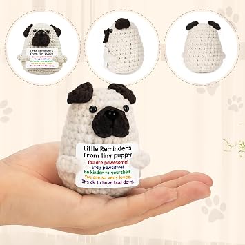 Positive Crochet Gift, Cute Stuff Knitted Doll, Emotional Support Gift Knitted Doll with Positive Card for Women Men Birthday Gifts Party Decoration,Easter Christmas (Pug)