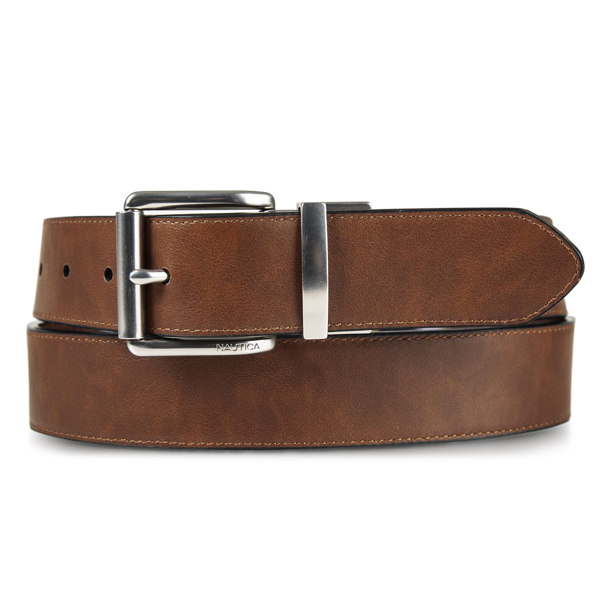 Nautica Mens Reversible Flag Canvas and Leather Belt | 2-in-1 | Classic | Everyday | Dress | Casual | Metal Buckle - Cognac, 40