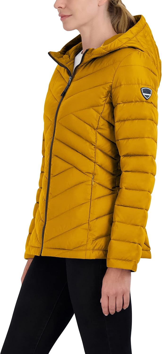 HFX Women's Mid-weight Puffer Jacket – Water-resistant, Stretch Quilted Coat, Removable Faux Sherpa Lined Hood, Recycled Fill