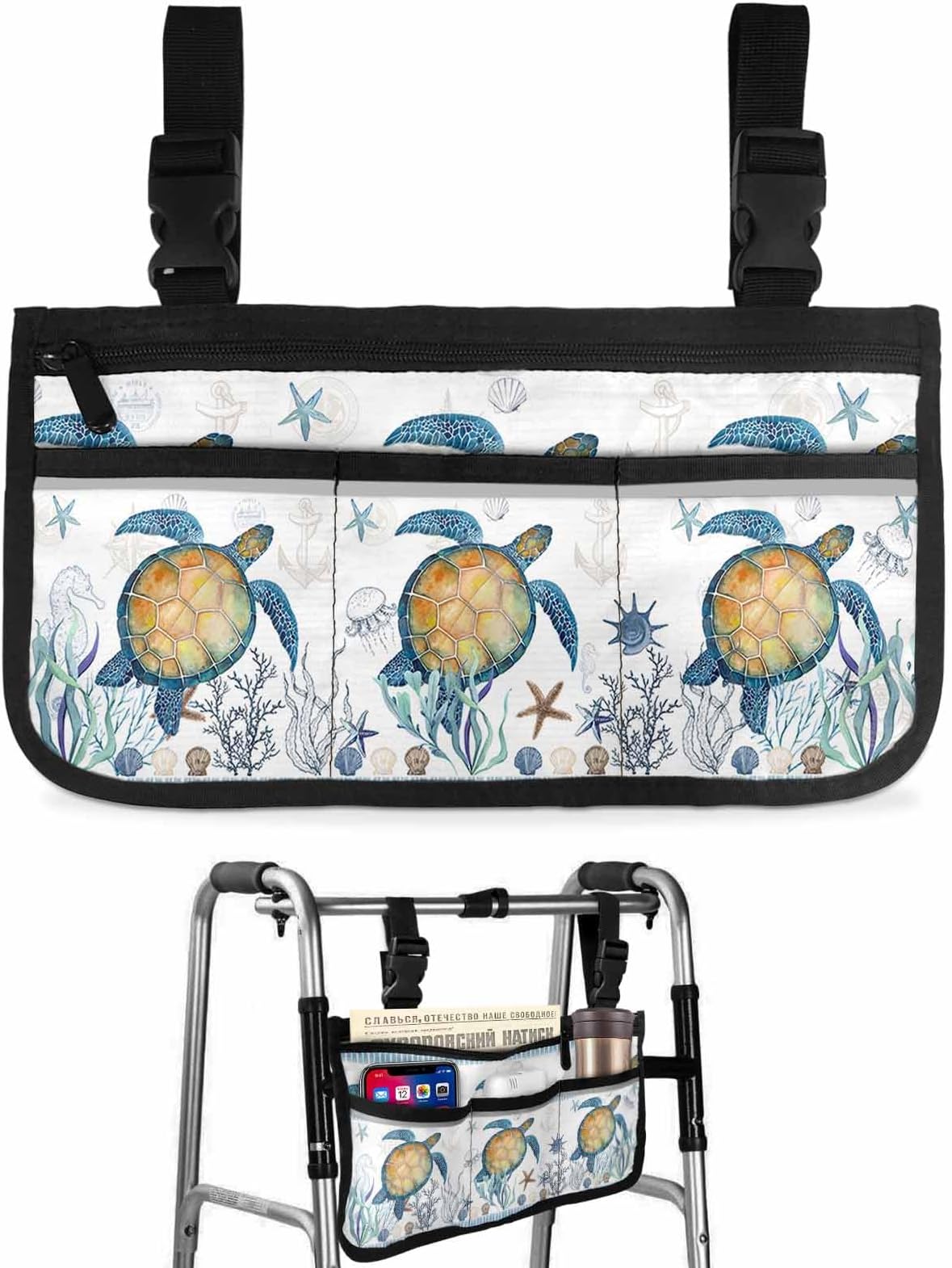Ocean Sea Turtle Wheelchair Side Bag Walker Bag, Beach Coastal Starfish Undersea Wheelchair Armrest Accessories Organizer Pouch for Walkers, Rollators, Scooters, 7.3''x13''