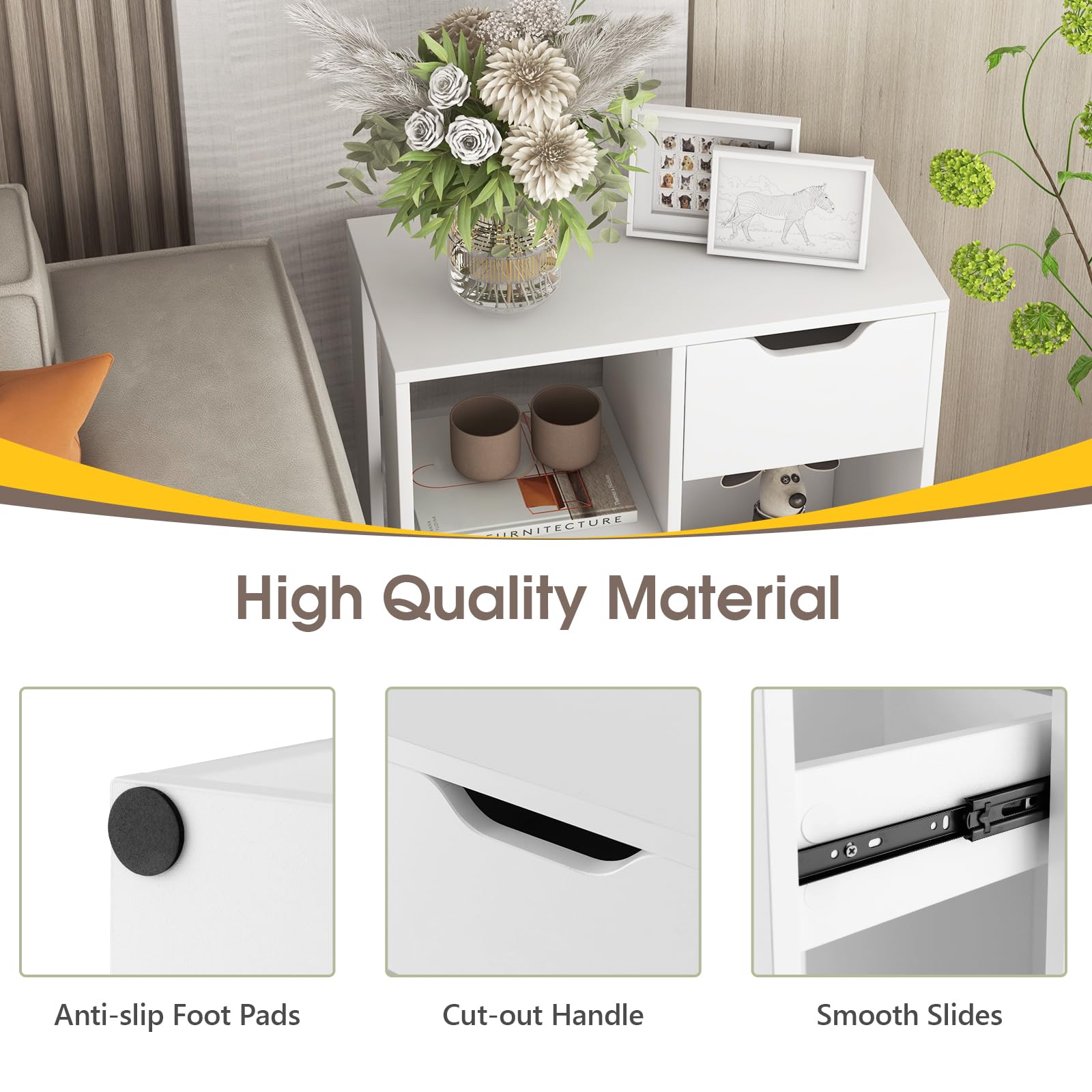 LIFEZEAL Tavolino Basso, Tavolino Laterale da Divano, con 1 Cassetto, 3 Scomparti Aperti, Libreria, Scaffale Portaoggetti, in Legno, Bianco, per Soggiorno, Moderno, Multiuso, Max 80 kg, 60x30x53 cm