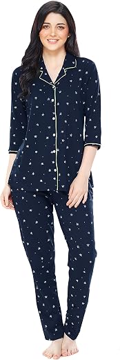 ZEYO Women's Cotton Star &amp; Dot Printed Night Suit Set of Shirt &amp; Pajama Set 5155 (Available in Plus Size)