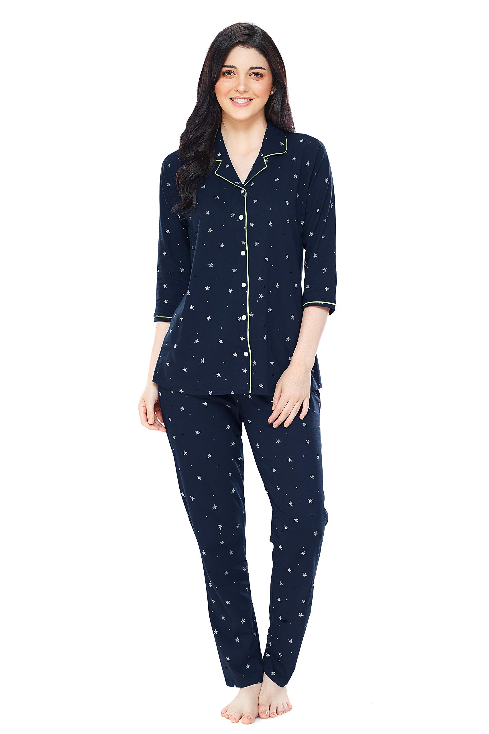 ZEYO Women's Cotton Star & Dot Printed Night Suit Set Of Shirt & Pajama Set 5155