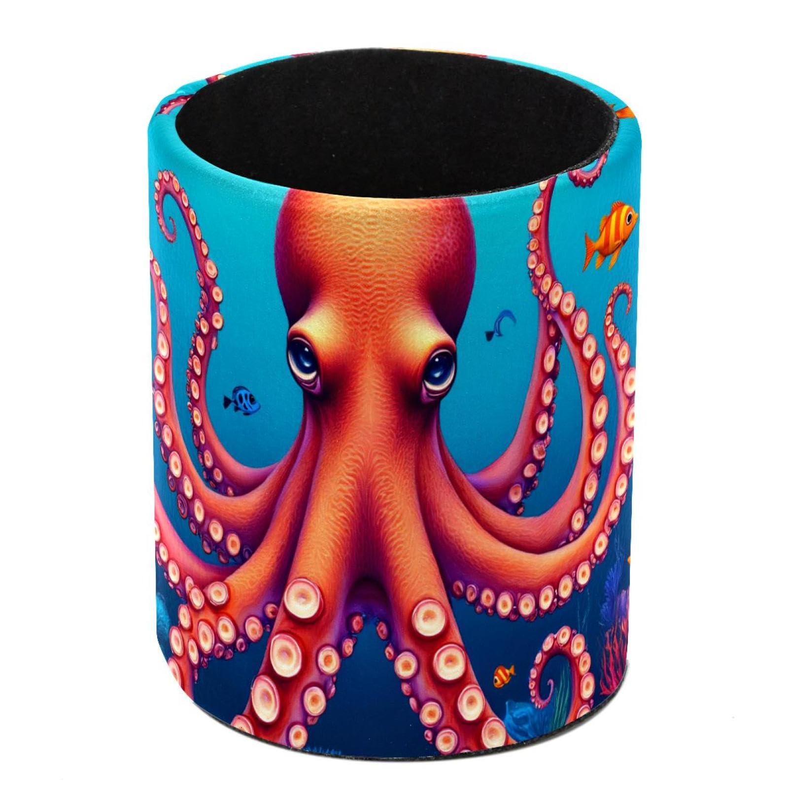 HEOEH Ocean Octopus Pen Holder for Desk, PU Leather Pencil Holder Pen Cup Marker Holder Makeup Brush Holders, Desk Accessories & Workspace Organizers for Home, Office
