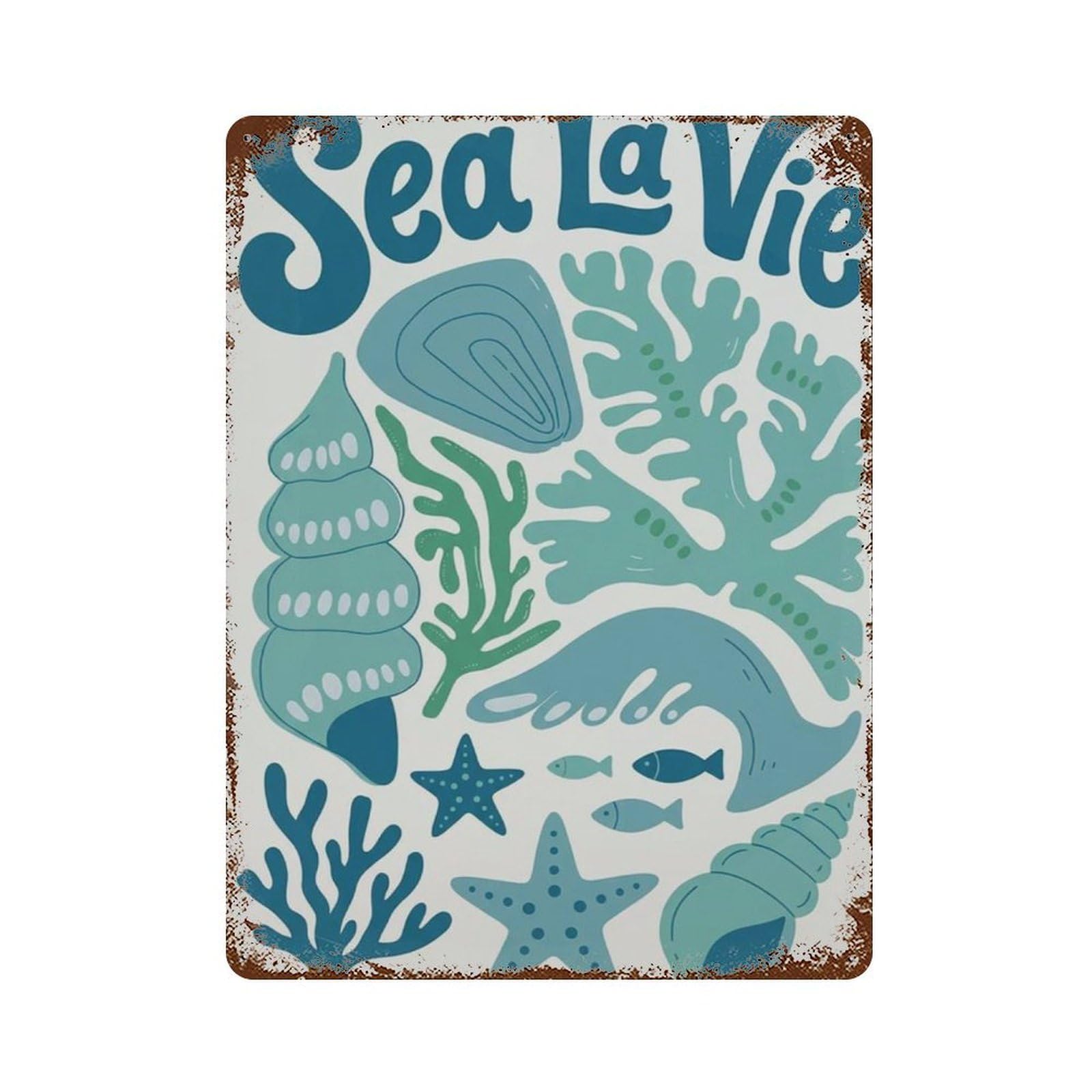 xiaoxiaoshen Blue Sea La Vie Coastal With Seashell Starfish And Coral Beach House Linocut Wall Decor Art Metal Tin Poster Modern Home Decor Art Home Bar Shop Decorations Vintage Sign 40x30cm