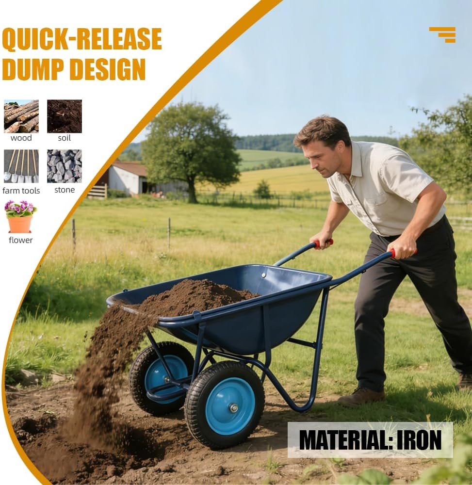 Upgraded 2-Wheel Wheelbarrow with Padded Handle & 14" Pneumatic Tires – High Stability for Moving Soil, Transplanting Plants, Gardening Tools – Easy Assembly