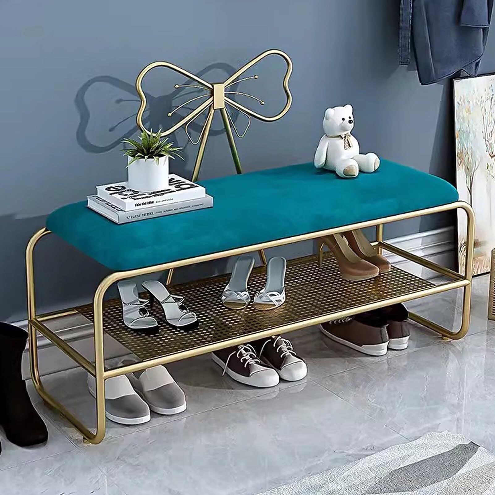 Banc de rangement en velours bleu d'entrée au style raffiné