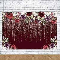 Vista 5 de Fondo floral burdeos de 7 x 5 pies con purpurina dorada (sin purpurina real), decoración de fiesta de cumpleaños, flores rojas, decoración
