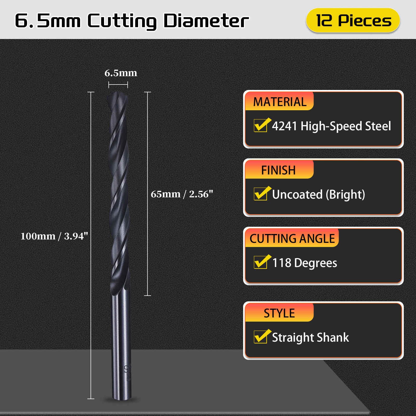 CoCud Drill Bit, 6.5mm Cutting Diameter, 4241 HSS Nitriding Black 118° Cutting Angle Versatile Bits - Image 2