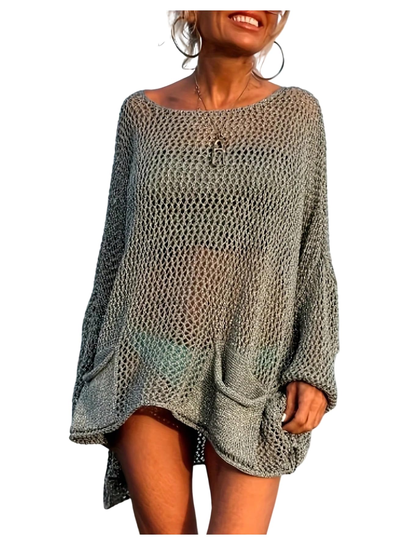 SHENHE Womens Plus Size Tunic Sweater Crochet Knit Lantern Sleeve Hollow Out Sheer Long Baggy Sweater
