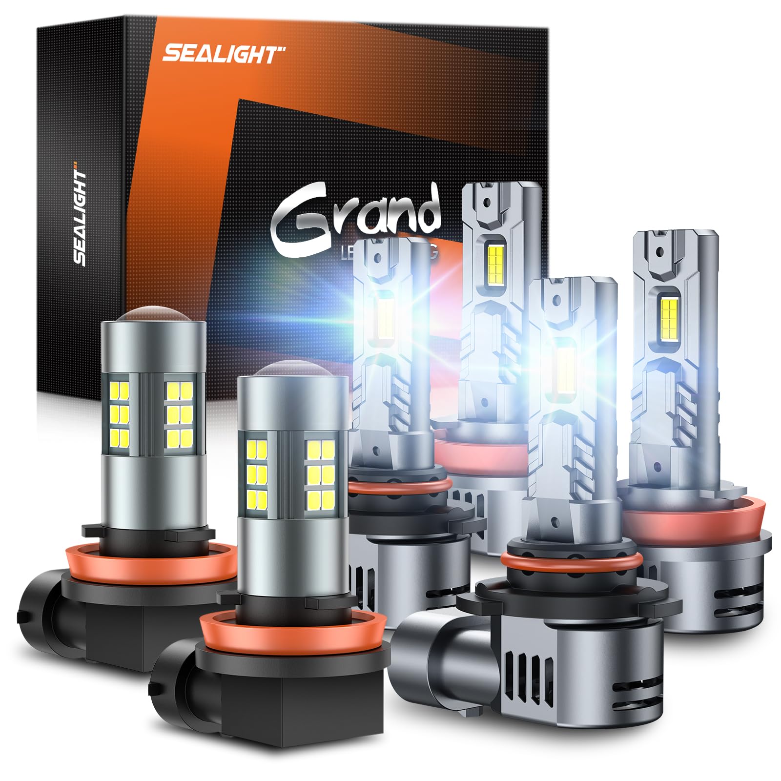 SEALIGHT 9005/HB3 H11/H8/H16 Fog Light Bulb Combo(Pack of 6), 360° Illumination Fog Lights for car, trucks,SUVS, Xenon White, 14000RPM Cooling Fan Front Fog Lamps, Plug-N-Play, Non-polarity