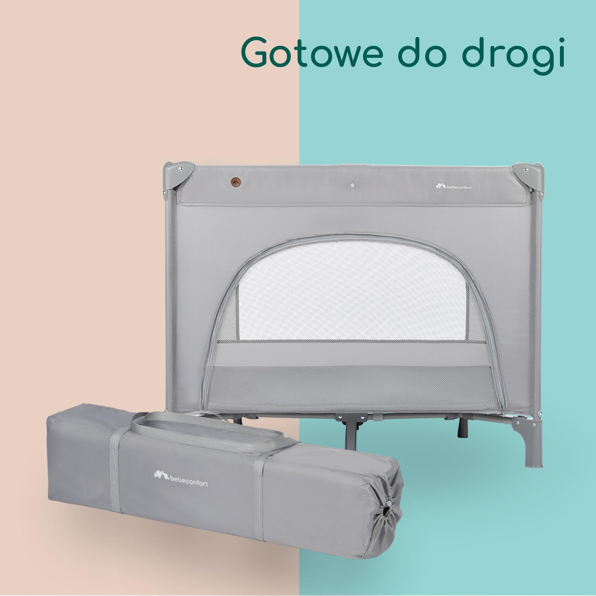 Bebeconfort Adonis, łóżeczko turystyczne 2 w 1, 0–3 lata (15 kg), kompaktowe składane łóżko, wejście z boku, duży miękki materac, torba do przenoszenia, łatwe składanie, stabilne, Mineral Gray