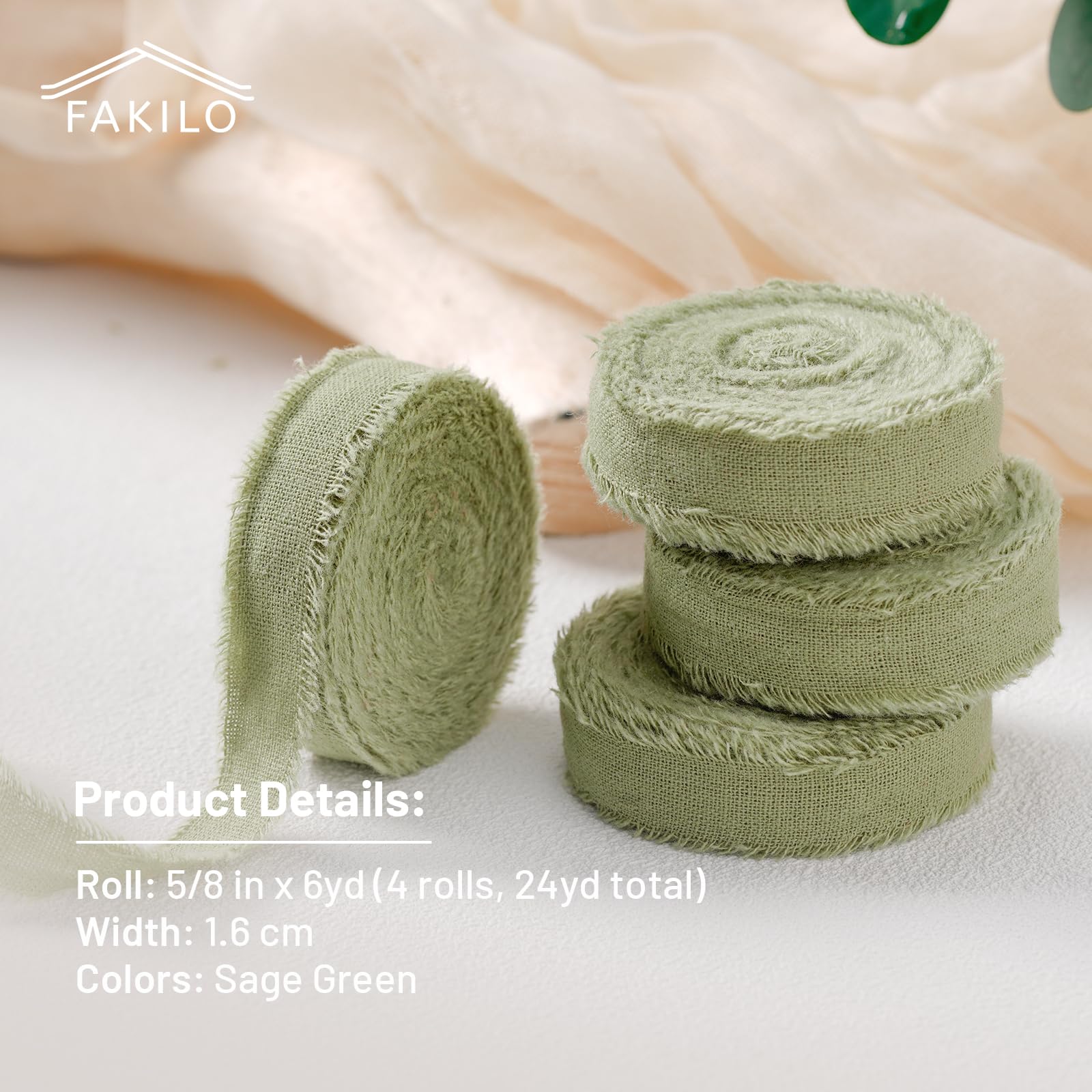 FAKILO Natural Rustic Cotton Ribbon with Frayed Edge, Sage Green 100% Cotton Ribbon 5/8"x 24yds for Vintage Wedding Bouquets,Invitations,Baby Shower,Gift Wrapping,DIY Crafts,Home Decor — view 2