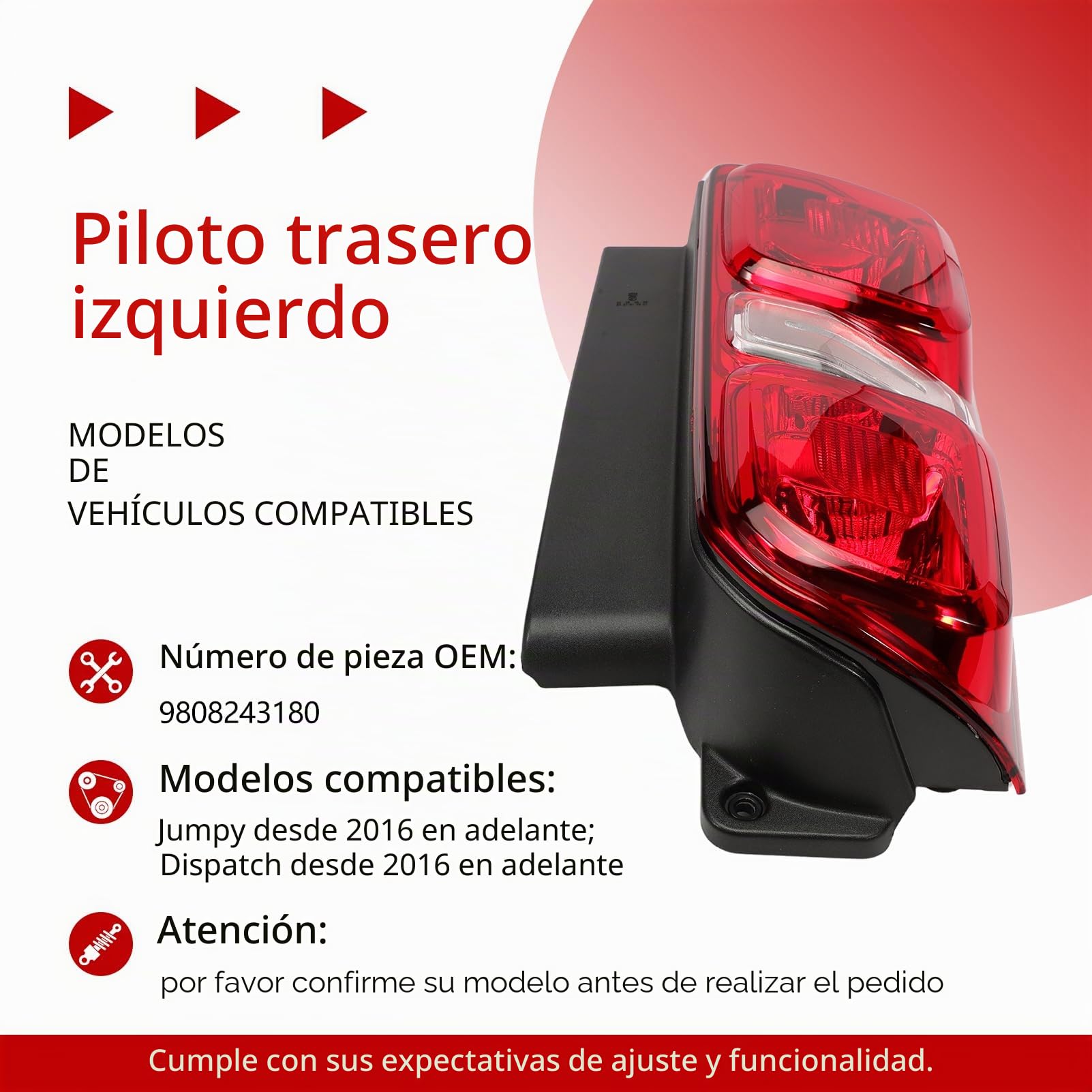Piloto Trasero Izquierda para Expert Traveller Jumpy 2016+ Vivaro C 2019+ | Faro Trasero Spacetourer Proace 2016+,Zafira Life 2019+ luz freno, luz marcha atrás, intermitente luz posición 9808243180