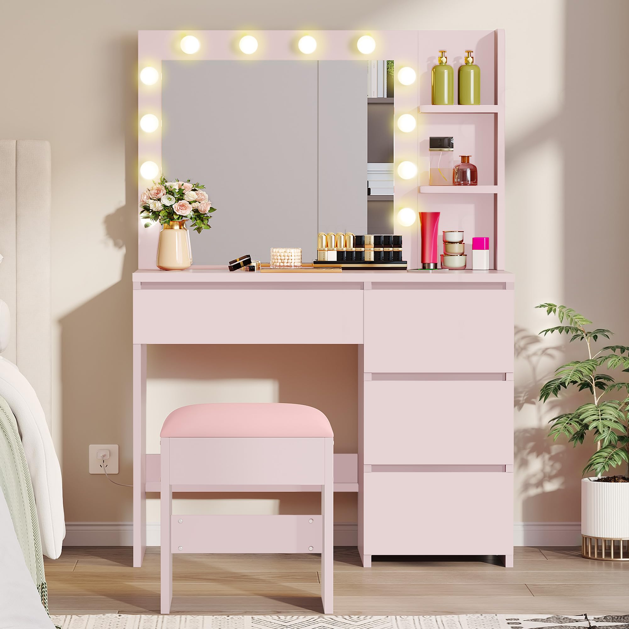 YITAHOME Schminktisch mit Beleuchtung, Dressing Table mit Spiegel Schminktische mit Hocker 3 Farben mit Einstellbarer Helligkeit, Frisiertisch mit 4 Schubladen Offenen Fächern Vanity Table Rosa