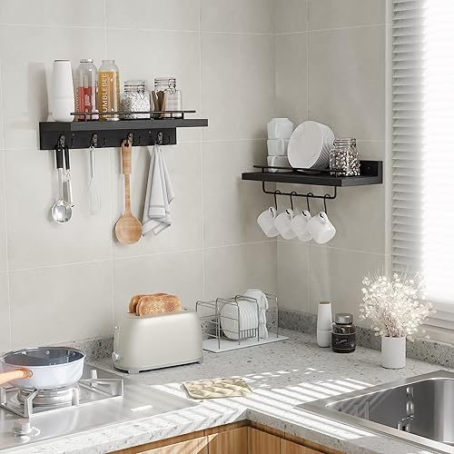 Miniatura 10 de Estantes flotantes de pino con ganchos estantes flotantes de baño de granja blanca sobre el inodoro juego de 2 estantes de pared de madera con barra