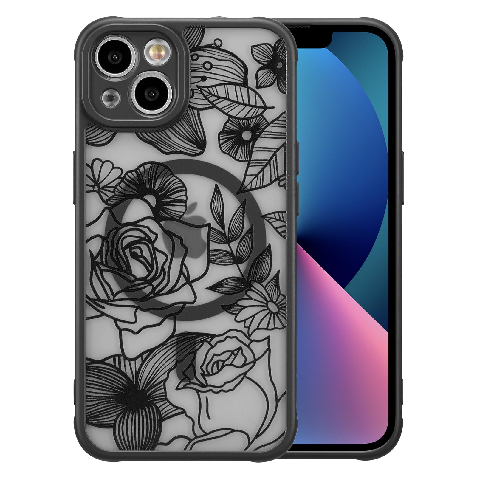 XIZYO Magnetic Case for iPhone 14 Plus Cute Floral, Black | Compatible with Magsafe, Floral Flower Rose Girly Aesthetic Pattern for Women Girls, Matte TPU Shockproof Bumper Cover Magnet Black for iPhone 14 Plus