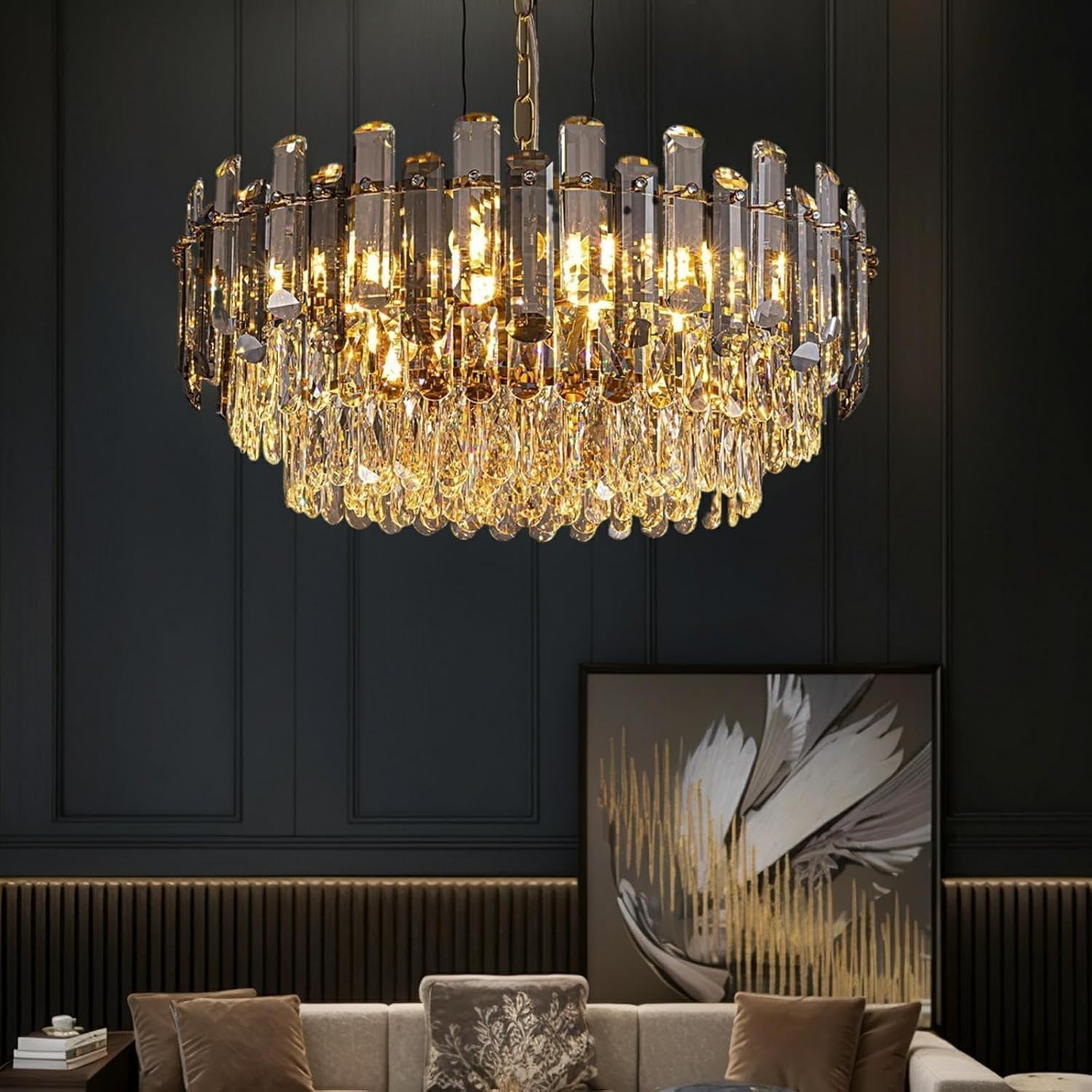 Photo 1 of Tinkoso Modern 4-Tier Crystal Chandelier,24" Round Grey K9 Crystal Ceiling Light for Dining Room, Kitchen Island & Bedroom,Elegant Contemporary Lighting Fixture