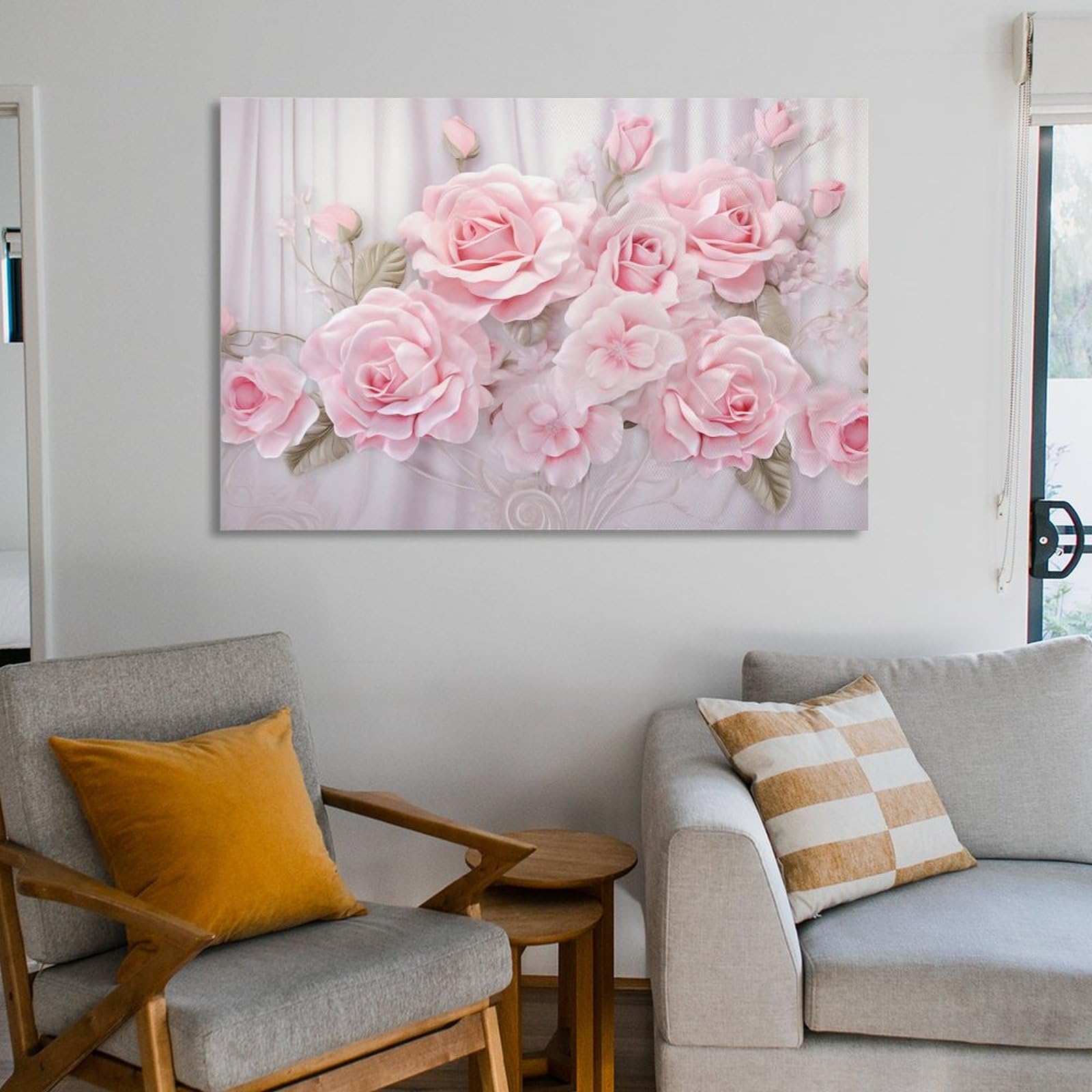Quadro Su Tela Incorniciato Qiukoo – Rosa E Farfalla, Decorazione Floreale Elegante Per Camera Da Letto, Soggiorno O Ingresso – Pronto Da Appendere Con Ganci Inclusi