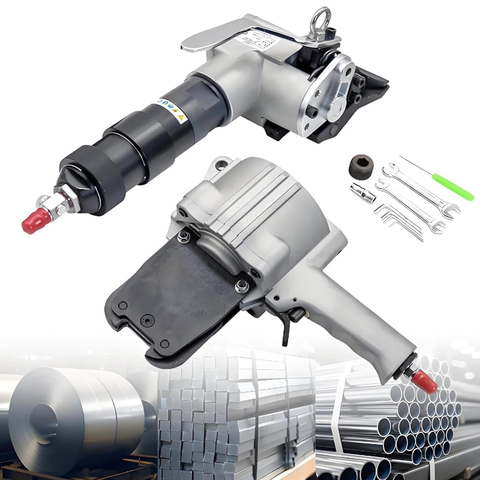 Pneumatic Steel Strapping Machine Metal Strapping Tool Tensioner Cutter Sealer Heavy Duty Baler,Strapping High Tensile Portable Packaging Machine for Bundling Steel Coils,Machinery,Wood 19mm