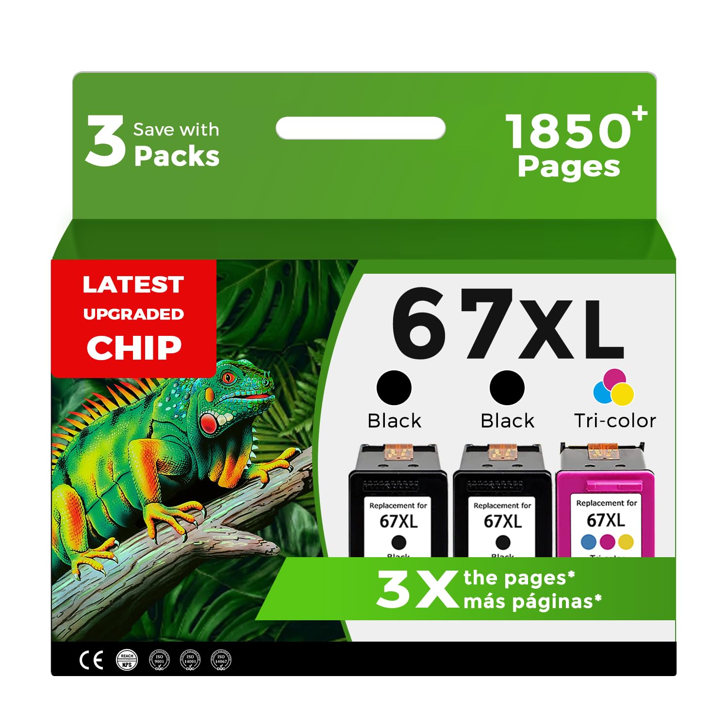 67XL Ink Cartridges for HP 67 XL Black Color Combo 3-Pack Replacement for HP67 HP67XL for Printer 2700 2700e 4100 6400 4155e 2755e 6000 2855e 2752e 4100e 6458 6455e 4152 6055e 6052e 4152e 2742e 6400e