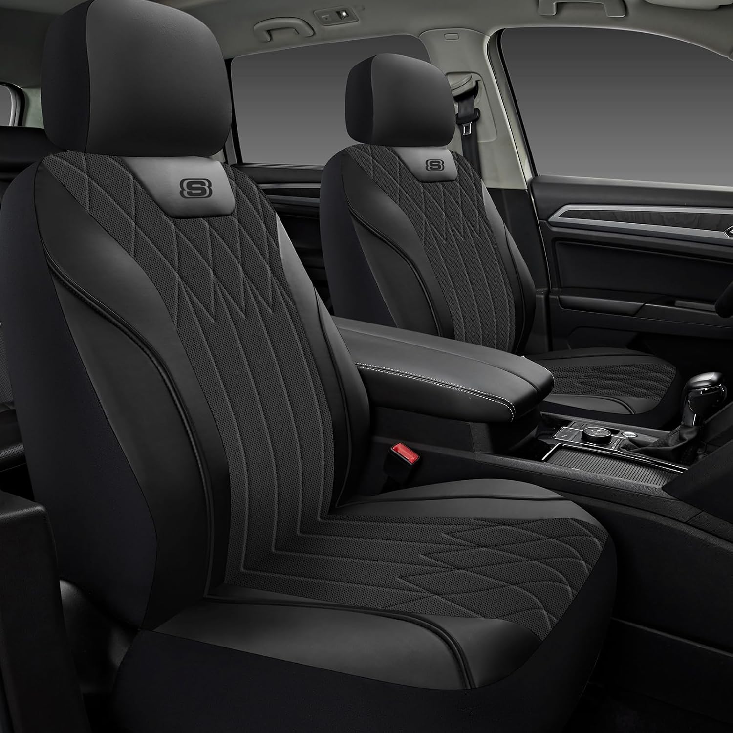 Skechers Seat Covers Memory Foam-Piping Leather Car Seat Covers, Ultimate Comfort & Support Front Seat Covers Airbag Compatible, Automotive Universal Fit Most for SUVs, Vans, Sedans, Cars,Trucks,Black