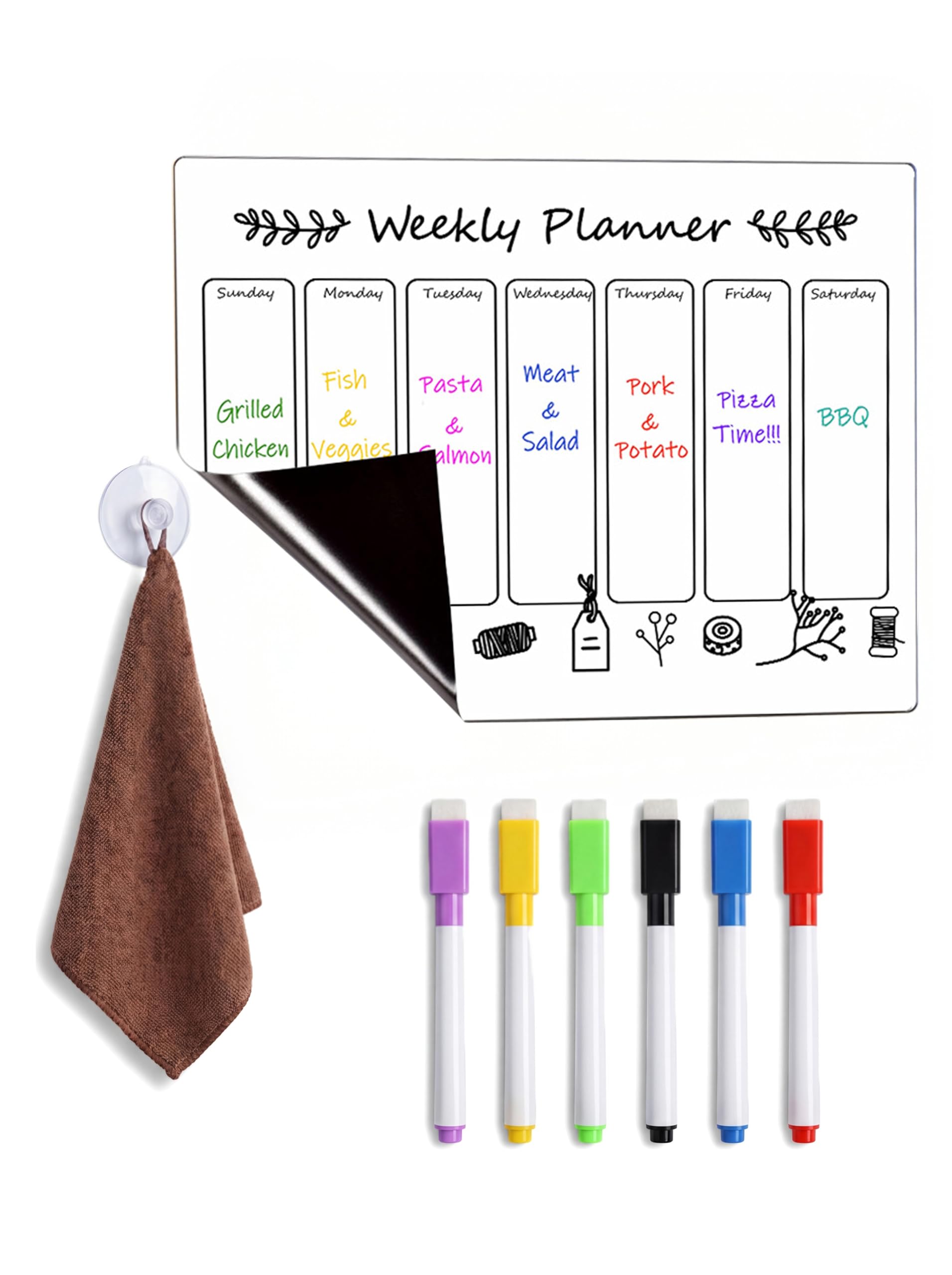 Tableau blanc magnétique effaçable avec 6 marqueurs et calendrier pour réfrigérateur, planificateur familial