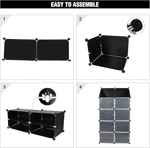 Miniatura 6 de Zapatero portátil con puertas y ganchos, 48 pares de 8 niveles apilable de plástico para zapatos, zapatero cerrado independiente de 12 cubos para