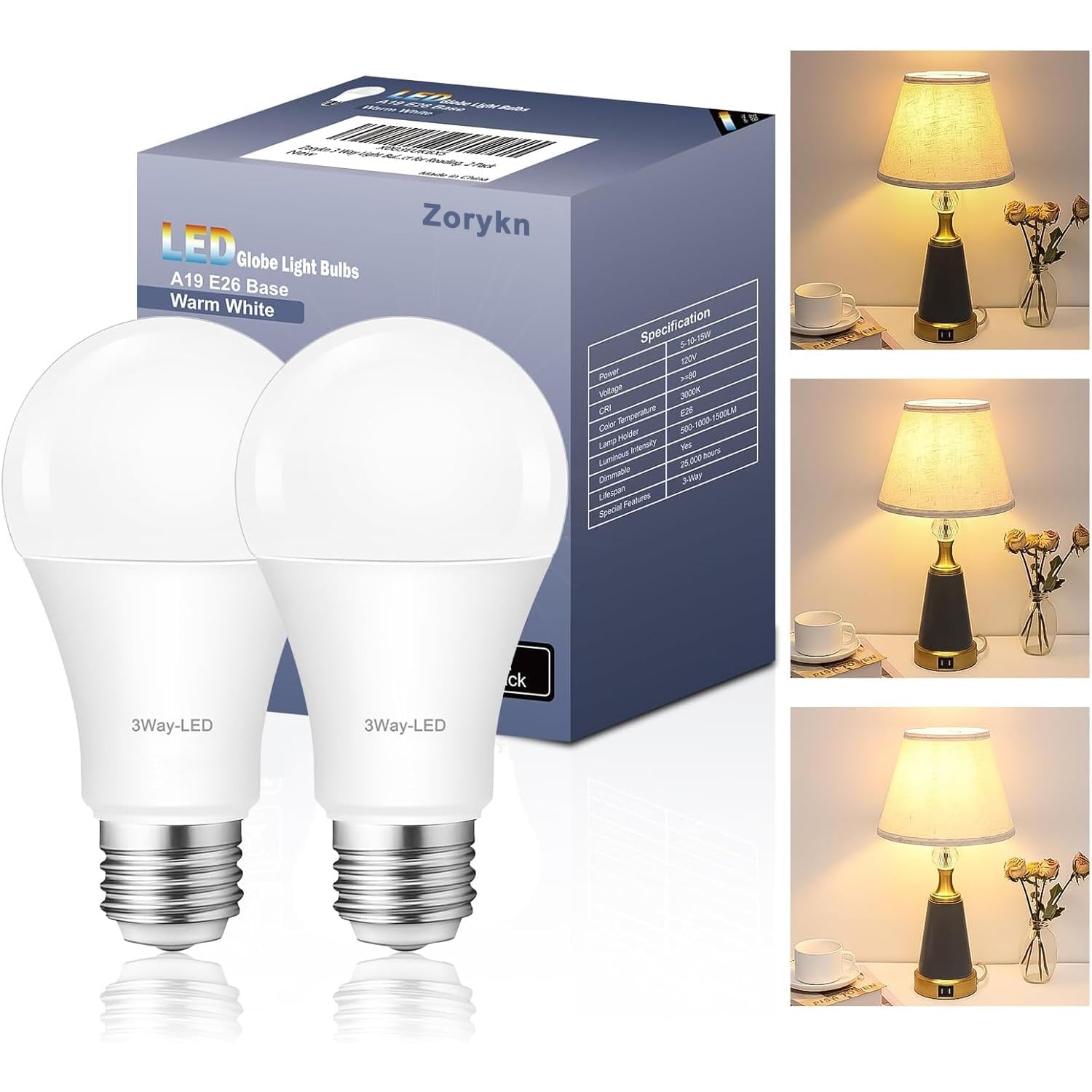 Zorykn 3 Way Light Bulbs 50 100 150 Warm White, A19 3000K, 5/10/15W Energy Saving 500 1000 1500 Lumens, E26 Base LED Bulbs Perfect for Reading, 2 Pack