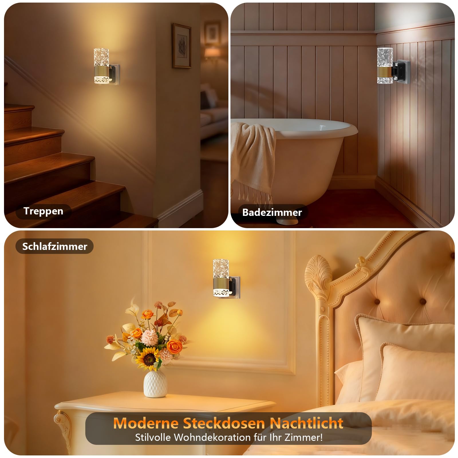 Nachtlicht Steckdose –2 Stück LED Nachtlicht Oberen und Unteren Beleuchtung Ultrahelles mit Intelligentem Sensor, Dimmbares LED für Schlafzimmer, Küche, Flur, 3000K (Gold-Transparent)