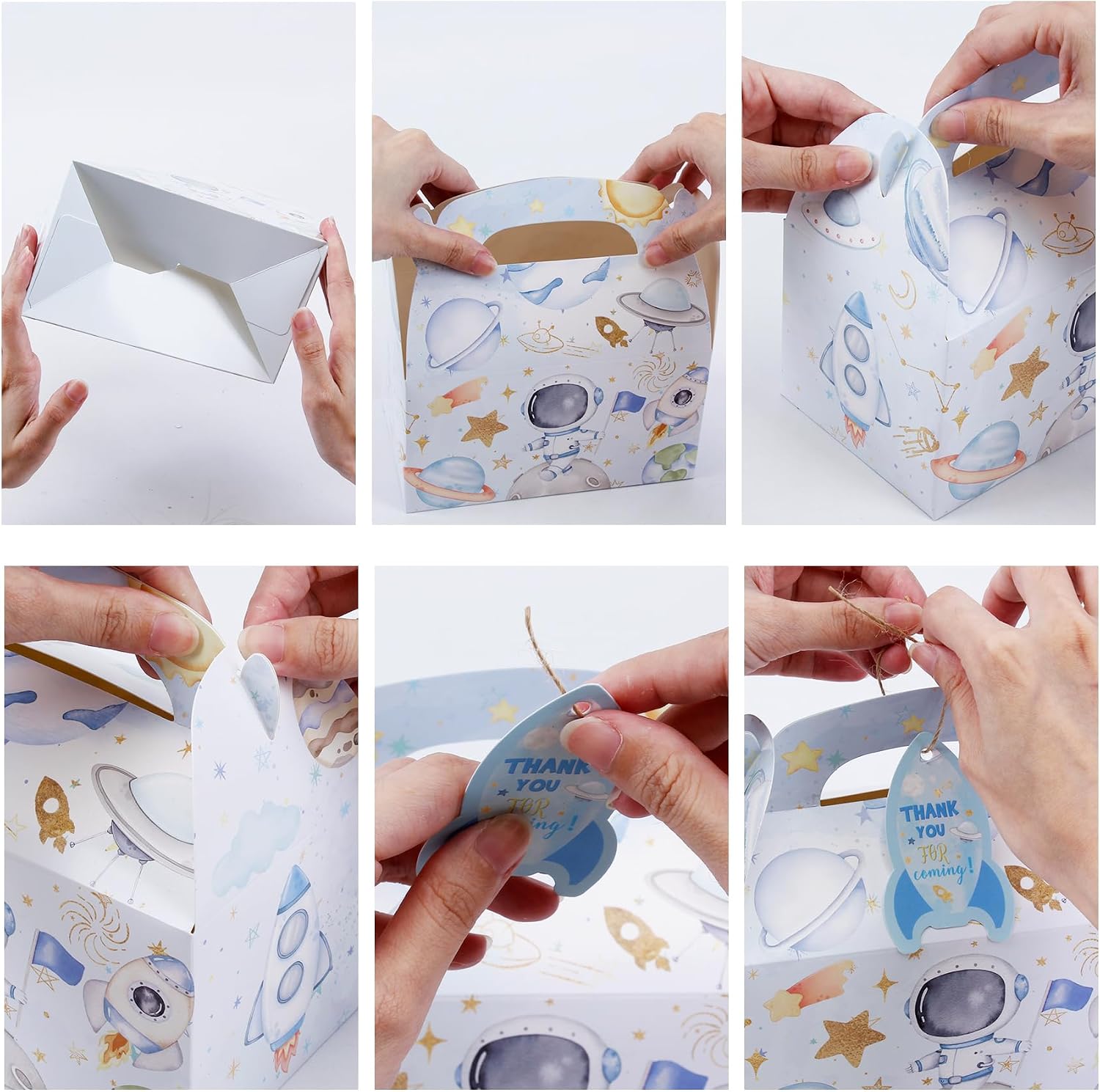 HAPPARTY 24PCS Blue Space Astronaut Party Favor Gift Boxes for Boy With Thank You Tags, First Trip Around the Sun Candy Treat Goodie Bags Boxes for Boy Birthday Baby Shower Decorations