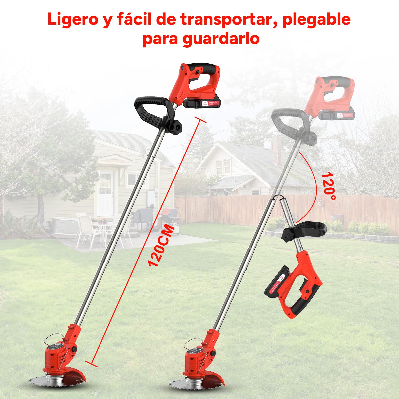 OUTIGO Cortadora de césped eléctrica inalámbrica, desbrozadora inalámbrica con 2 baterías y 4 Cuchillas, Recortar Malas Hierbas, césped Exterior y Ramas pequeñas, Decespugliatore Elettrico
