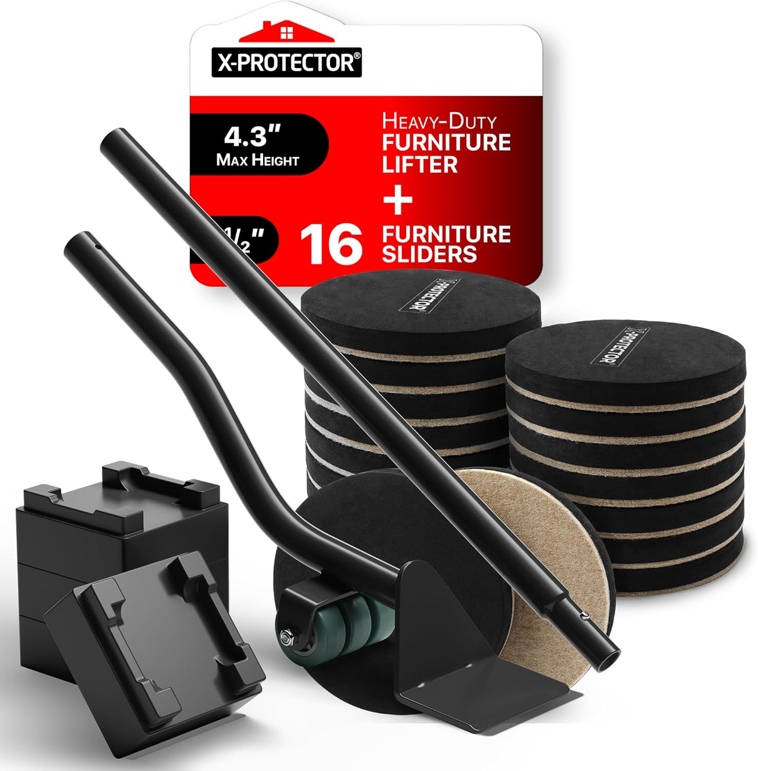 Felt Sliders for Hardwood Floors & Furniture Lifter - 16 PCS 3 ½ Heavy-Duty Sliders & Premium Furniture Jack Lifter with Adjustable Height - Move and Lift Furniture with Minimal Effort