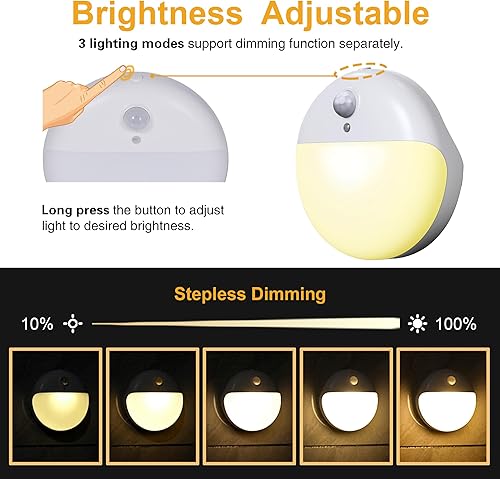 Miniatura 5 de YUNLEX Paquete de 2 luces nocturnas con sensor de movimiento, amarillo dorado, 3 modos de iluminación, atenuación continua, funciona con pilas, LED