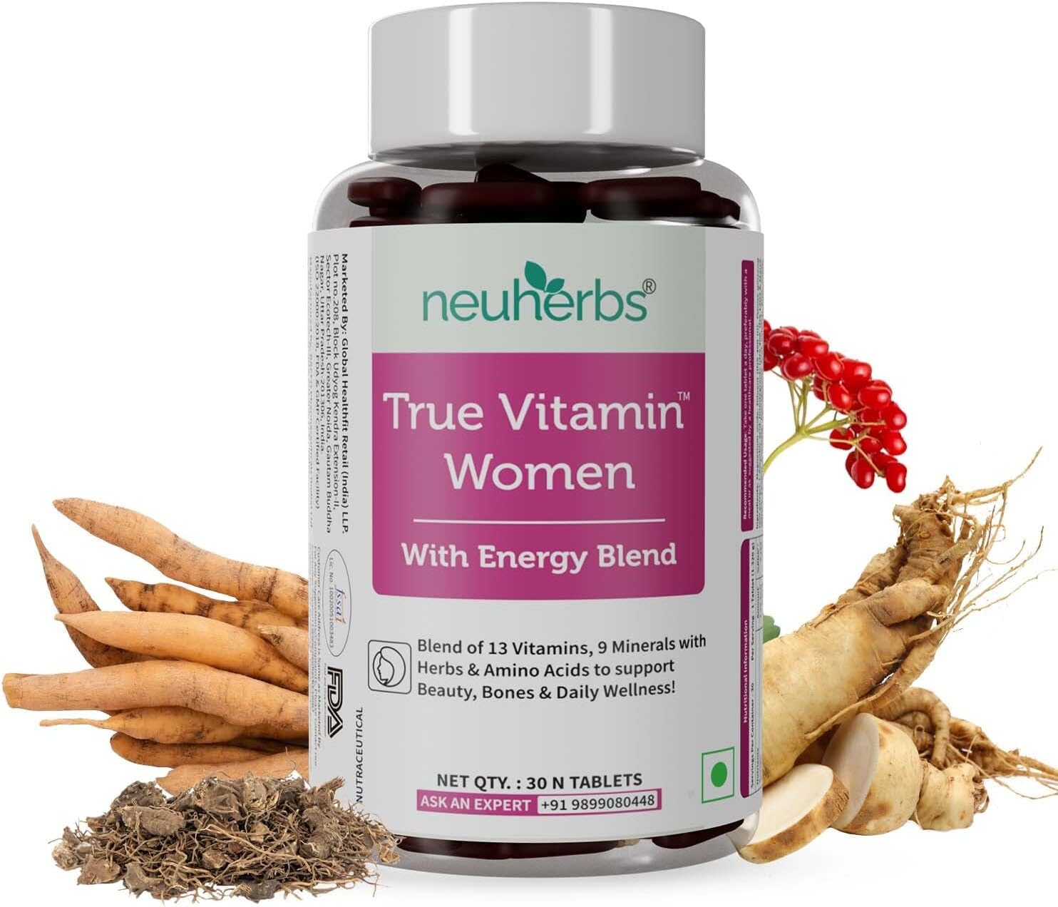 NeuherbsTrue Vitamin | 30 Veg Tablets | Plant Based Multivitamin For Women With 13 Vitamins & 9 Minerals With Herbs To Support Beauty, Bones & Daily Wellness | Gluten Free Multivitamin