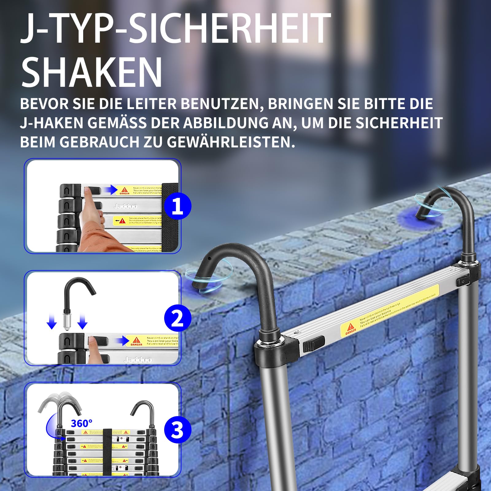JADDUO 6,5 m Teleskopleiter Aluminium Leichtbau-Ausziehleiter mit 2 Dreieckstabilisatoren Zusammenklappbare Dachboden- und Wohnmobil-Reiseleiter für Zuhause und Outdoor