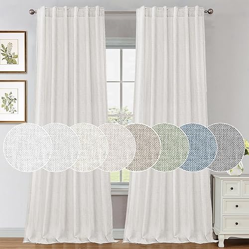 FantasDecor Cortinas de lino blanco de 84 pulgadas de largo para sala de estar, con pestaña trasera, bolsillo para barra, cortinas semitransparentes