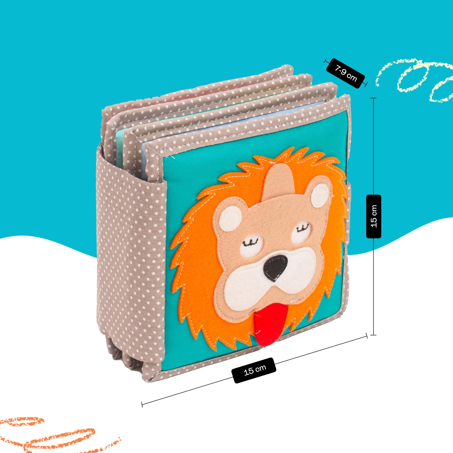 Jolly Designs Mini Quiet Book Dösender Leone - Montessori Giocattoli a partire da 1 anno - Libro in stoffa & Busy Book senza parti allentate - Giocattolo educativo in feltro - Libro motore per neonati