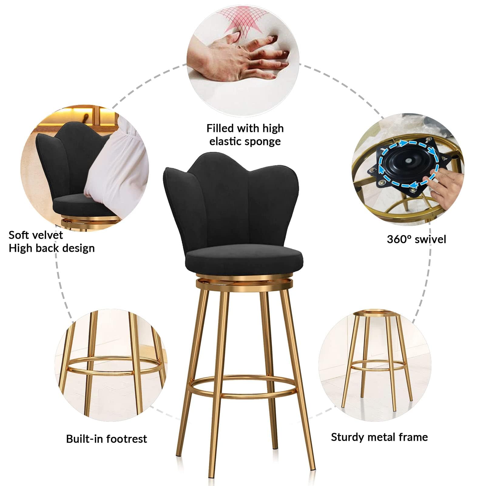 Lot de 2 tabourets de bar en velours – Chaises de salle à manger rembourrées à hauteur de comptoir avec repose-pieds – Sièges de bar élégants – Décoration moderne – Finition noire