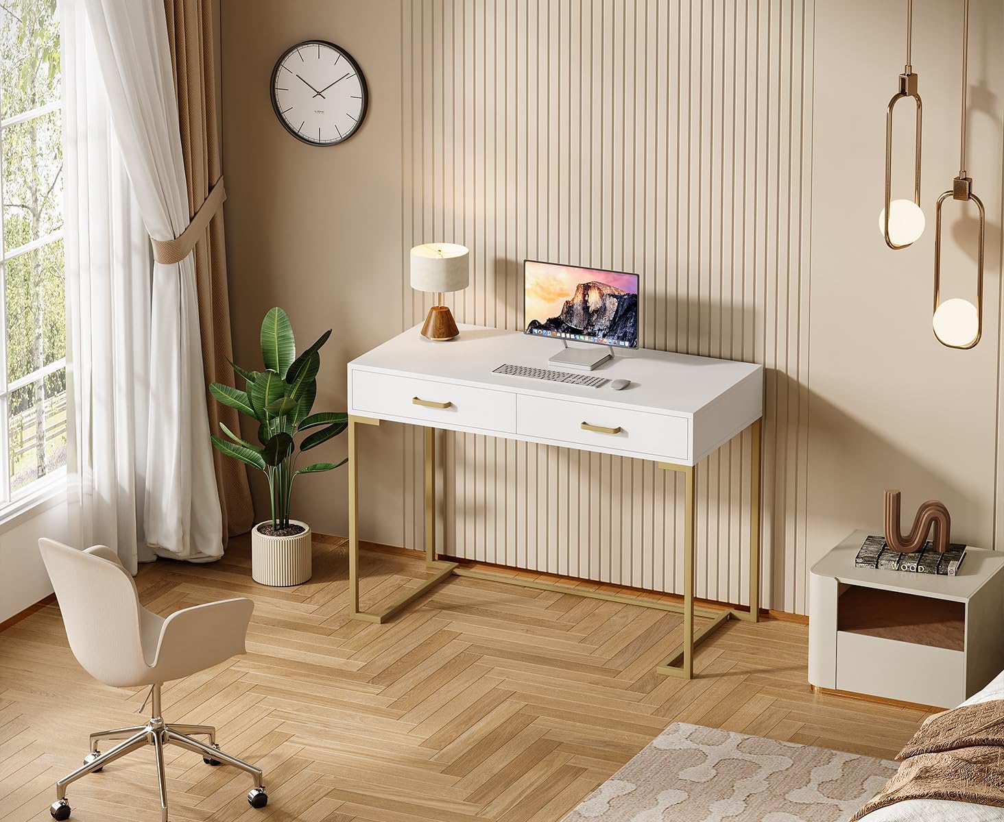 Tribesigns White and Gold Modern Computer Desk with 2 Drawers for Home Office, Bedroom, Small Space (White and Gold)