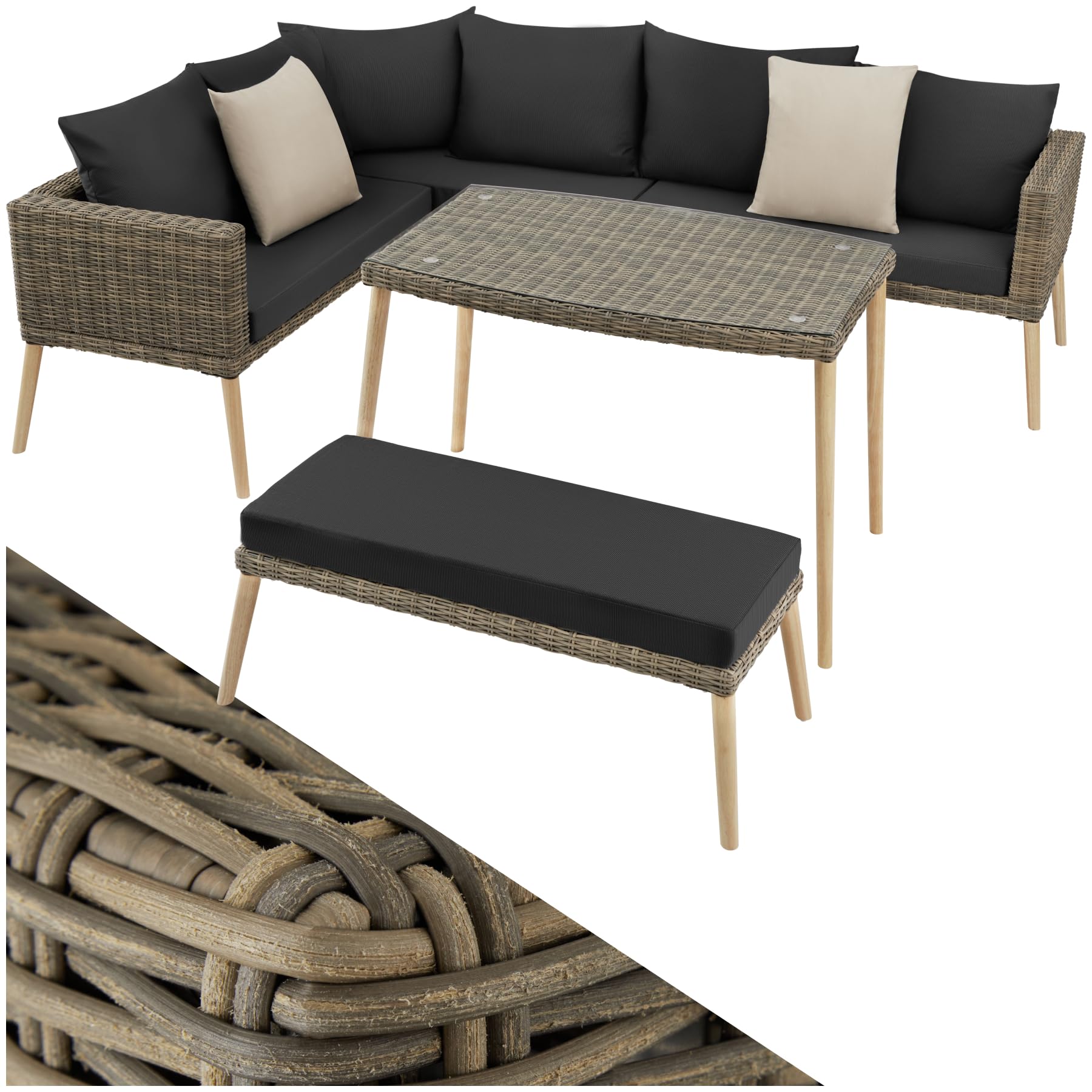 TecTake® Conjunto Jardín Combinable en Ratán y Aluminio, Cojines, Conjunto Terraza Resistente a la Intemperie, Muebles Jardín Exterior 1 Sofá, 1 Banco, 1 Mesa con Cristal, Fundas Extraíbles - Natural