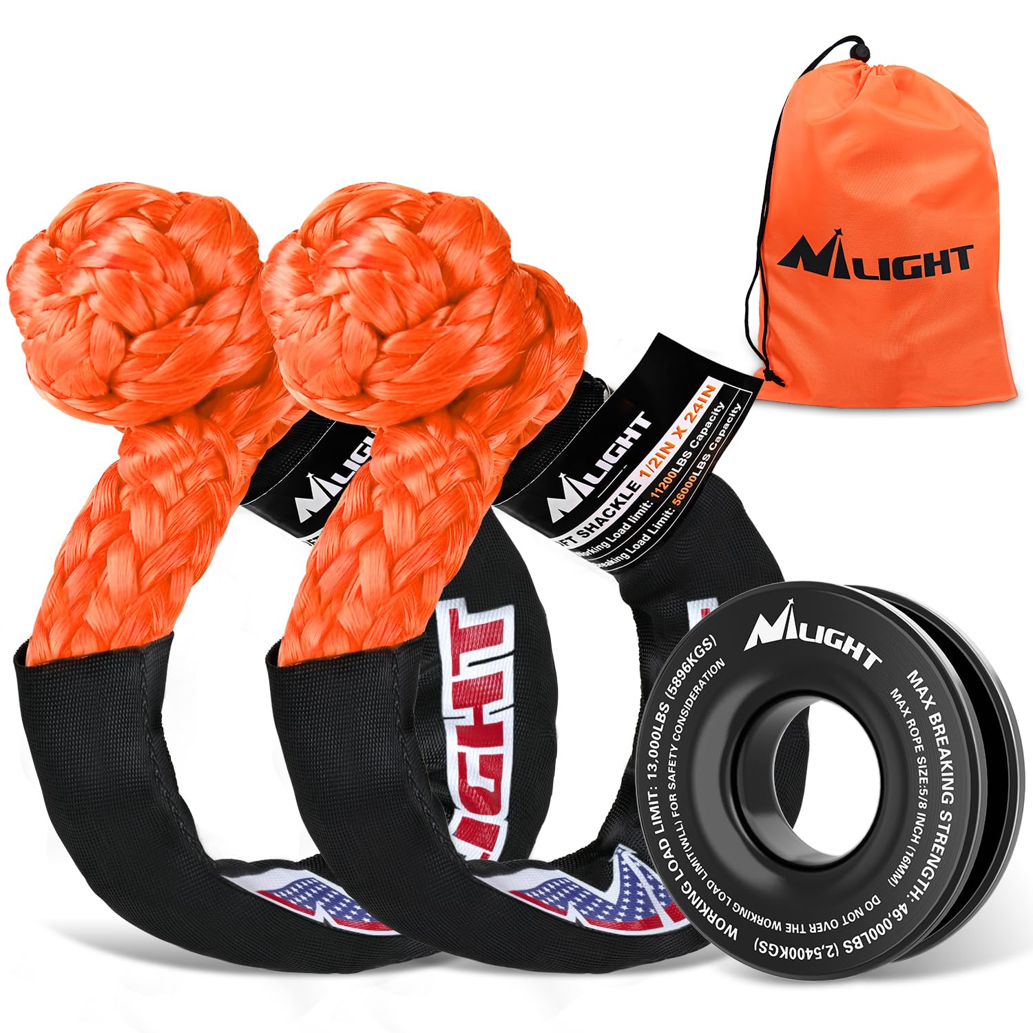 Nilight 2PCS Synthetic Soft Shackle 1/2" x 24" &amp; Recovery Ring Kit