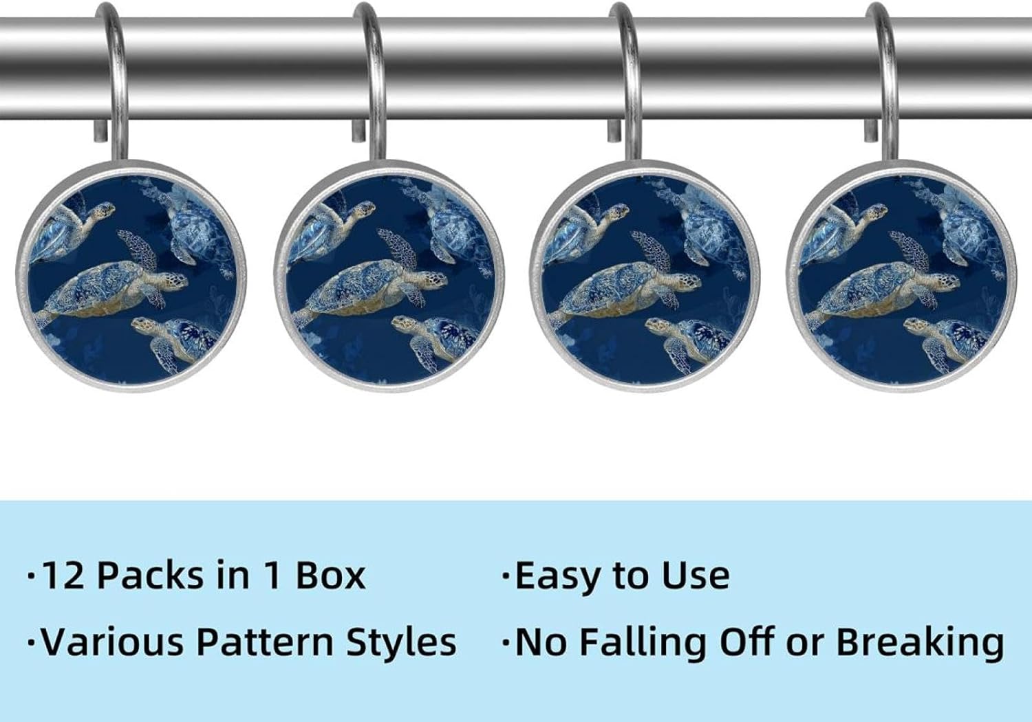 12PCS Art Sea Turtles Navy Blue Shower Curtain Hooks Rings for Bathroom, Decorative Shower Curtain Hooks Rods Curtains and Liner
